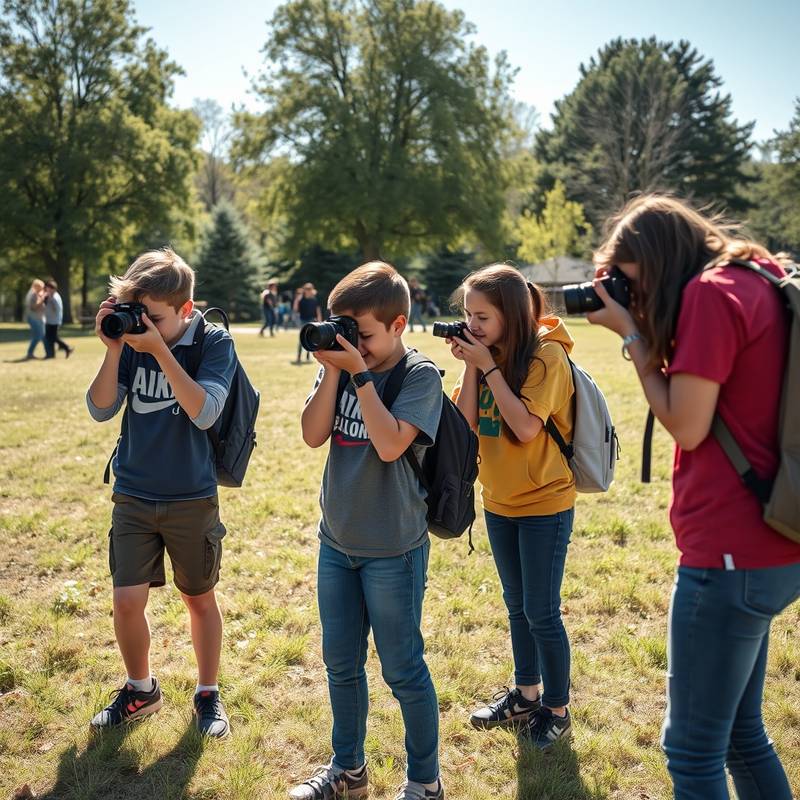 Eine Gruppe von Studenten lernt Fotografie im Freien